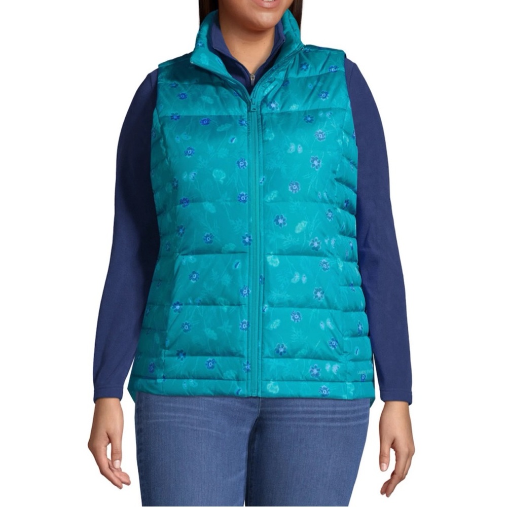 Lands' End Teal Blue Floral Puffer Vest